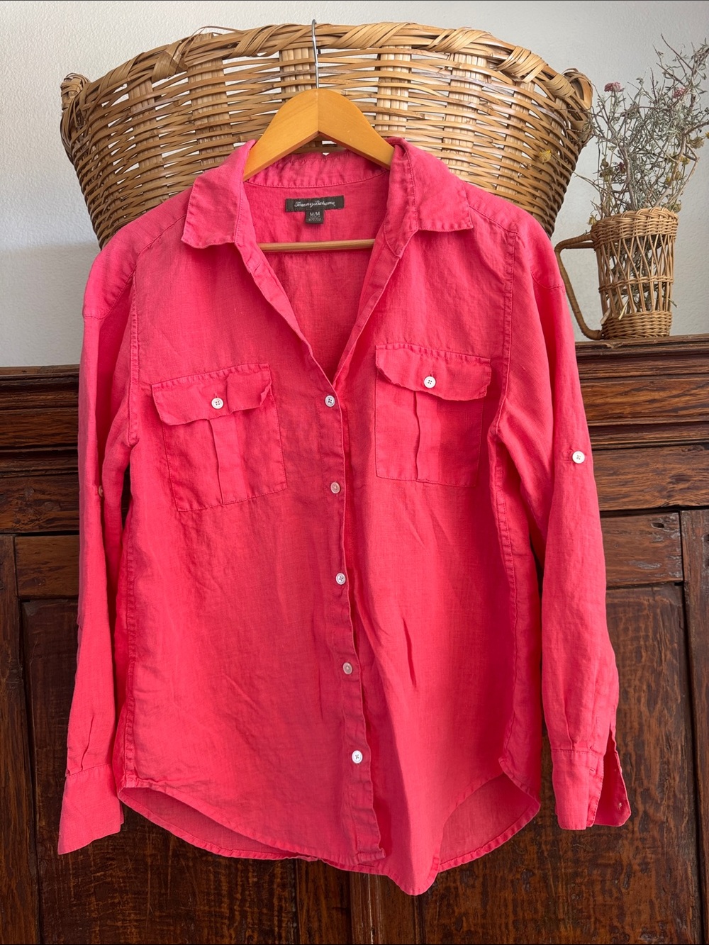 Tommy Bahama pure linen Bright Pink Coral Button-Up Shirt medium beach tunic
